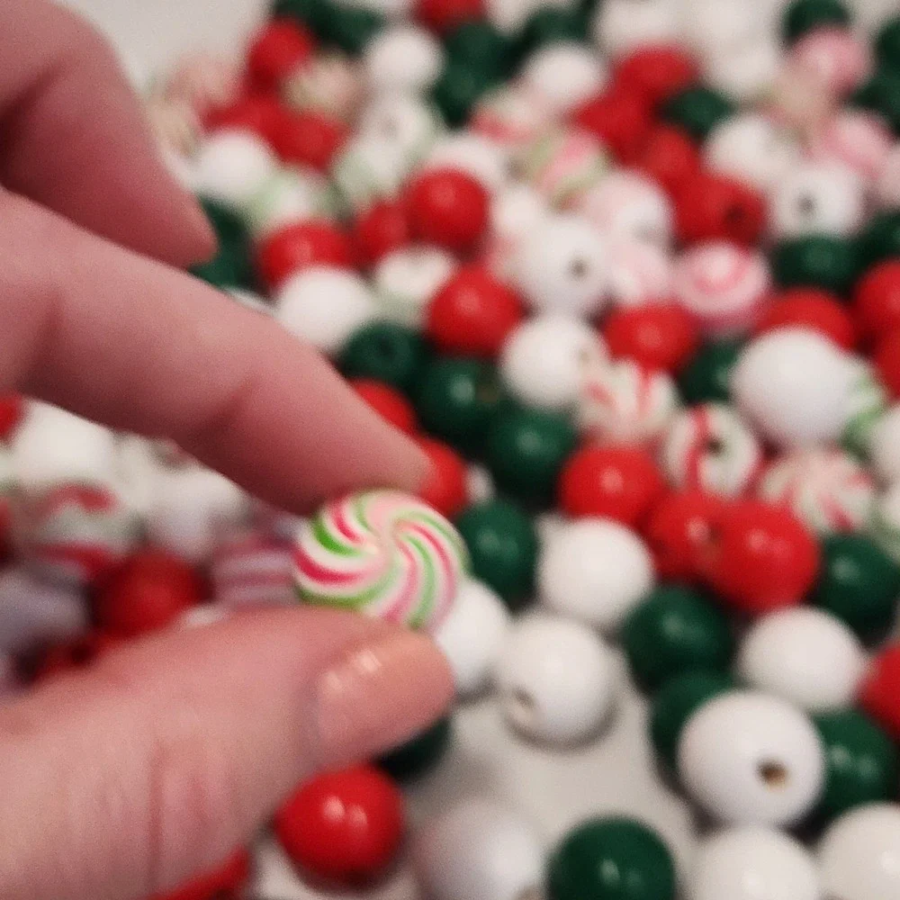 Christmas Wooden Beads Red Green White Peppermint Stripe Spiral Bulk Craft Lot